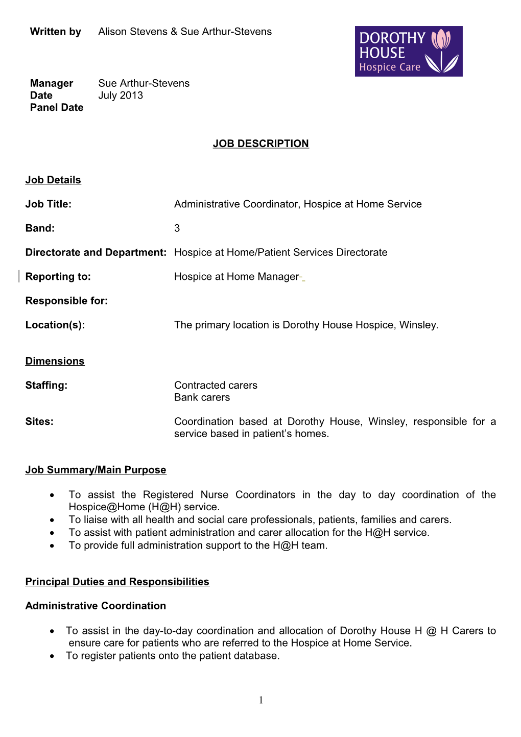 Job Title:Administrative Coordinator, Hospice at Home Service