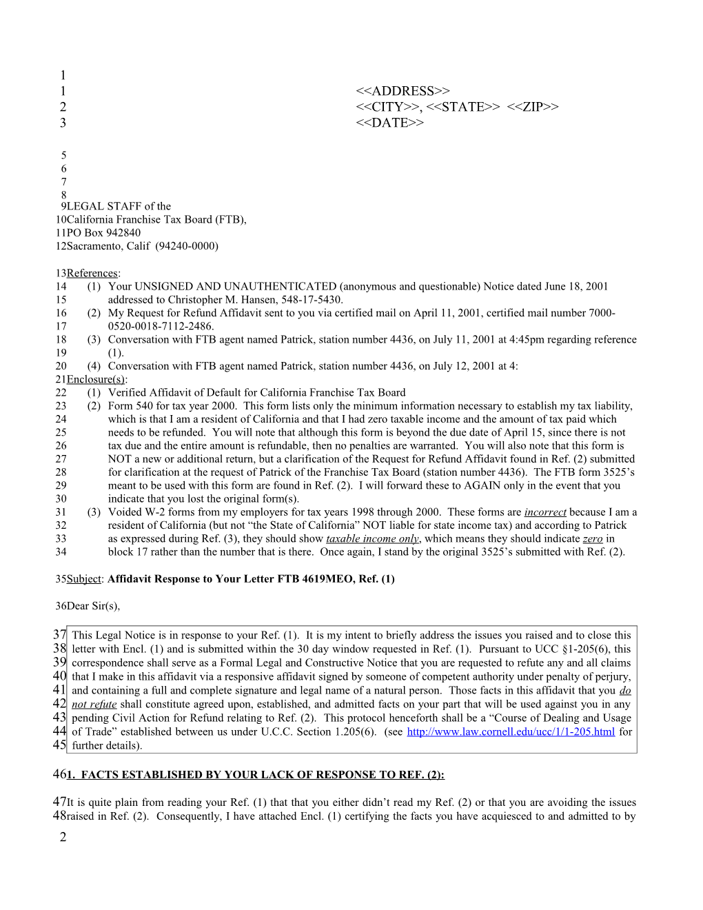 Affidavit Response to Your Letter FTB 4619MEO, Ref. (1)1 of 19
