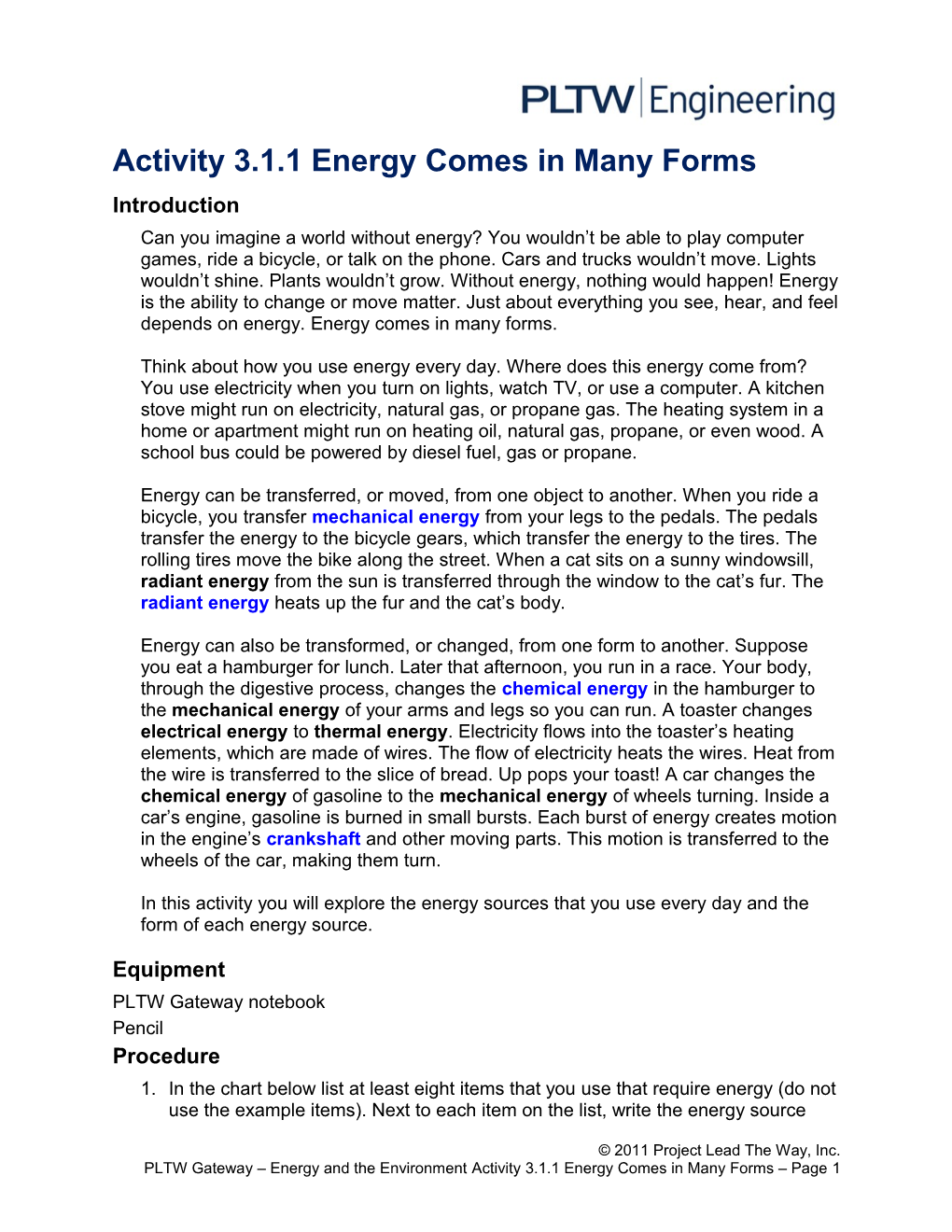 Activity 3.1.1 Energy Comes in Many Forms