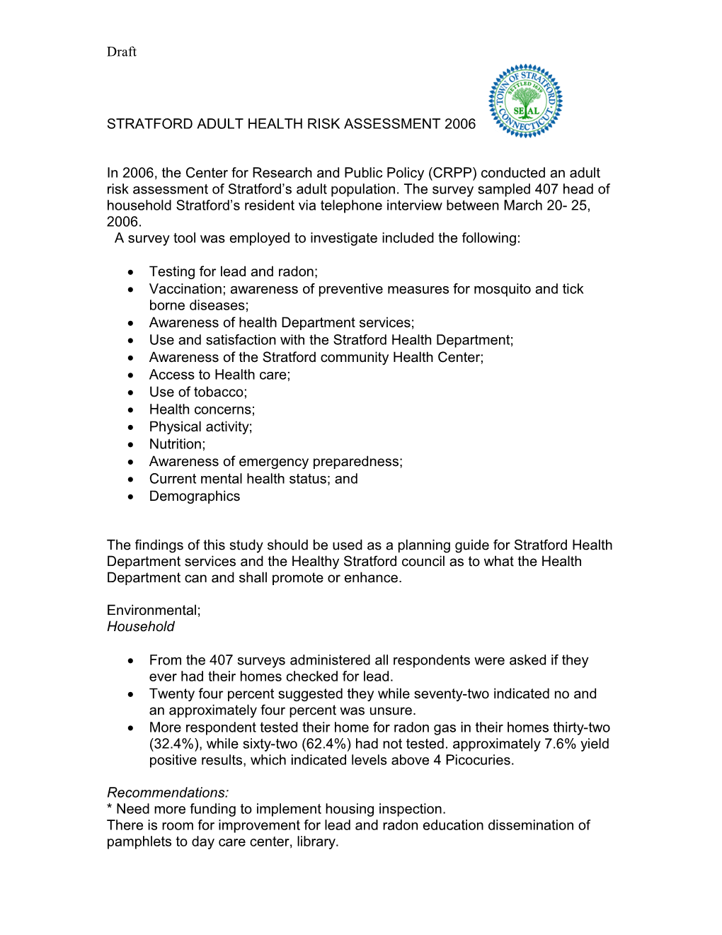 Stratford Adult Health Risk Assessment 2006