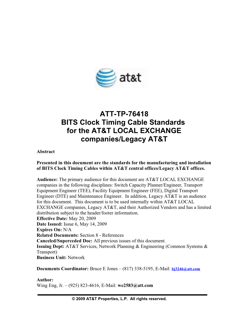 BITS Clock Timing Cable Standards AT&T Services Inc