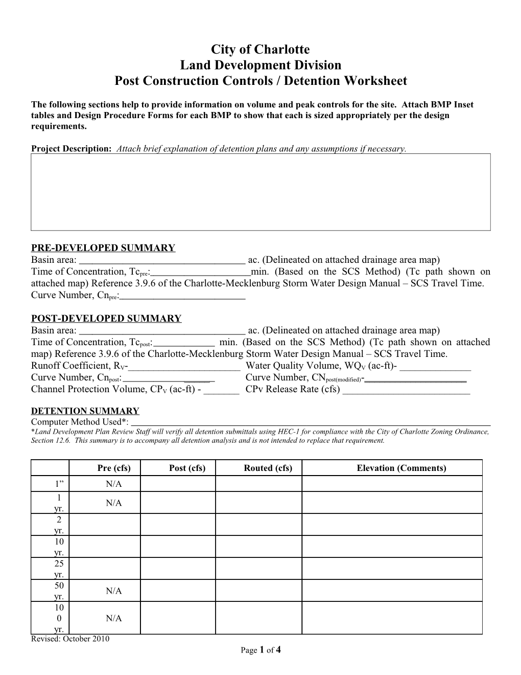 Post Construction Controls/Detention Worksheet