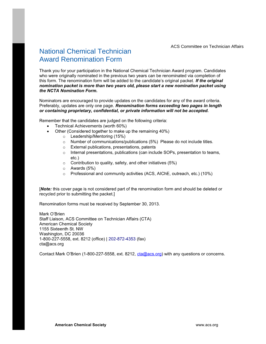 National Chemical Technician Award Candidate Form