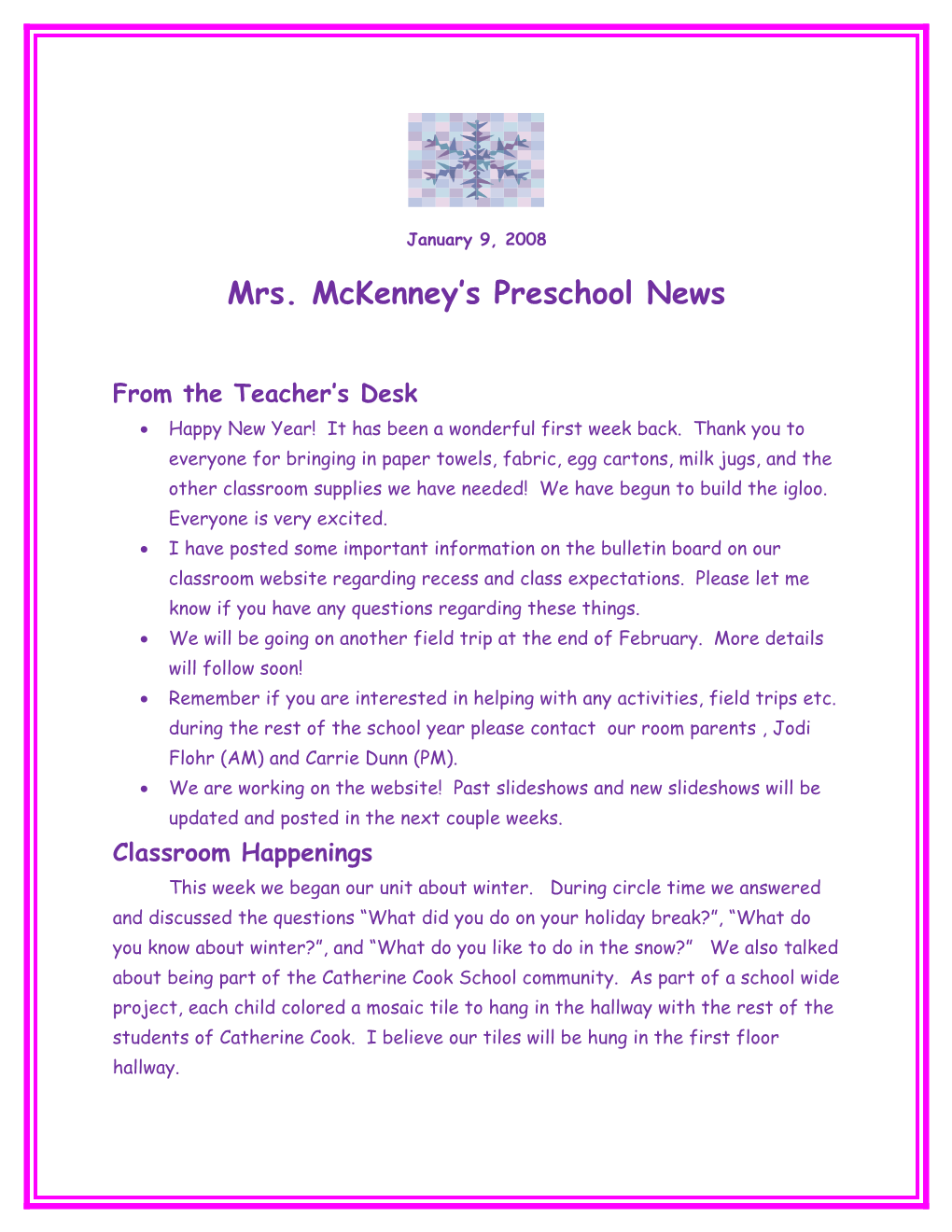 Mrs. Mckenney S Preschool News