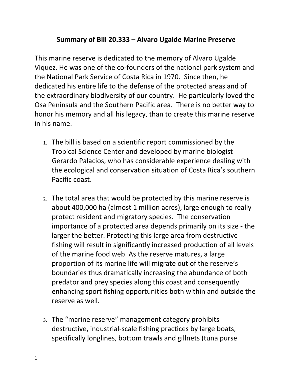 Summary of Bill 20.333 Alvaro Ugalde Marine Preserve