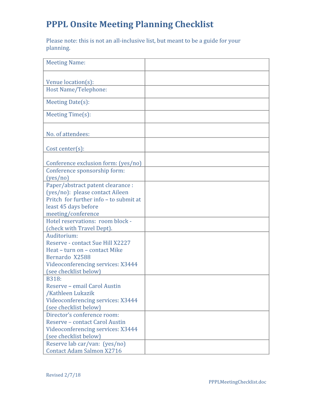 PPPL Onsite Meeting Planning Checklist