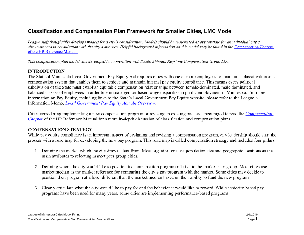 Classification and Compensation Plan Framework for Smaller Cities