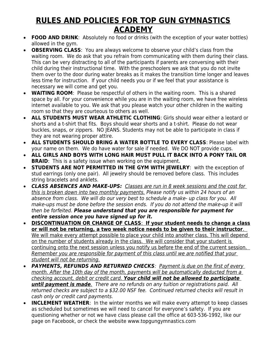 Rules and Policies for Top Gun Gymnastics Academy