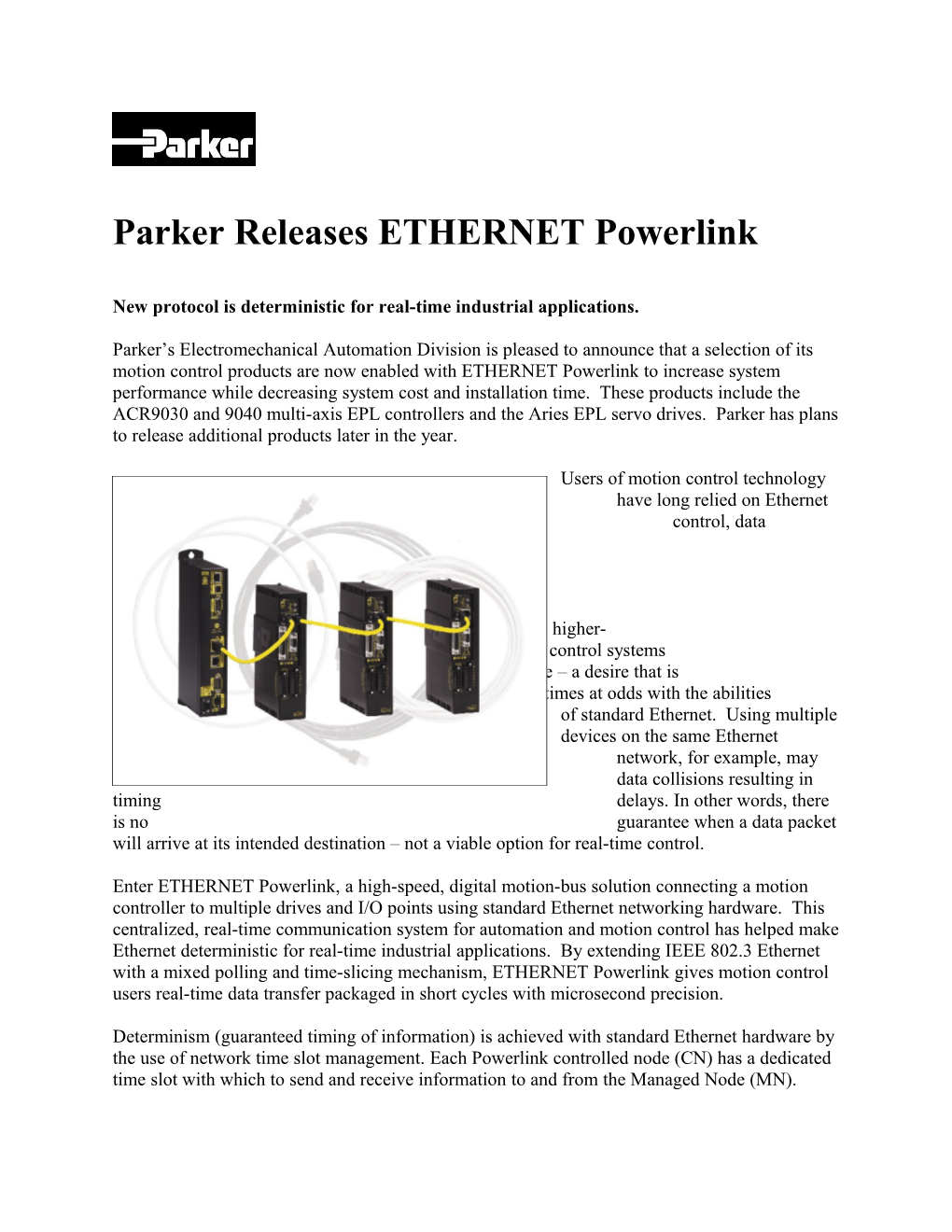 Parker Releases ETHERNET Powerlink