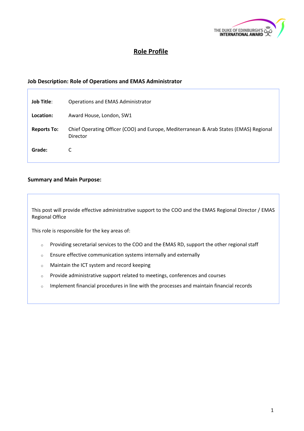 Job Description: Role of Operations and EMAS Administrator