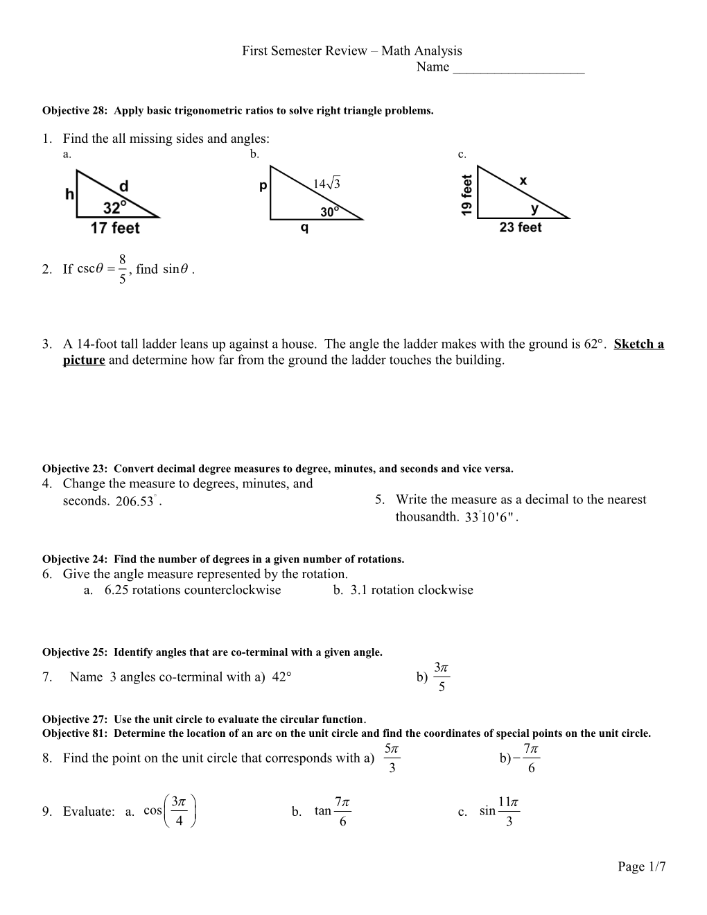Objective 28: Apply Basic Trigonometric Ratios to Solve Right Triangle Problems