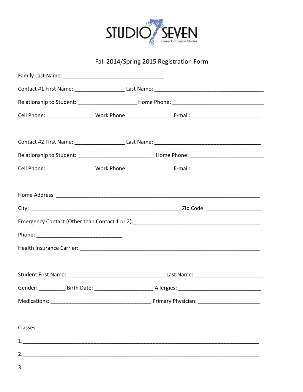 Fall 2014/Spring 2015 Registration Form