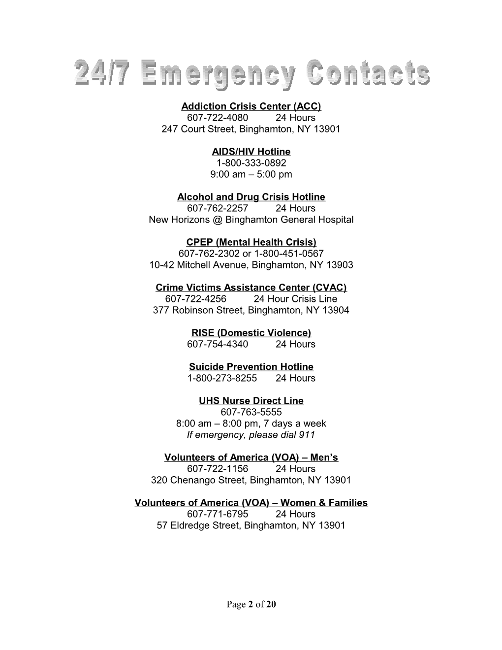 24/7 Emergency Contacts