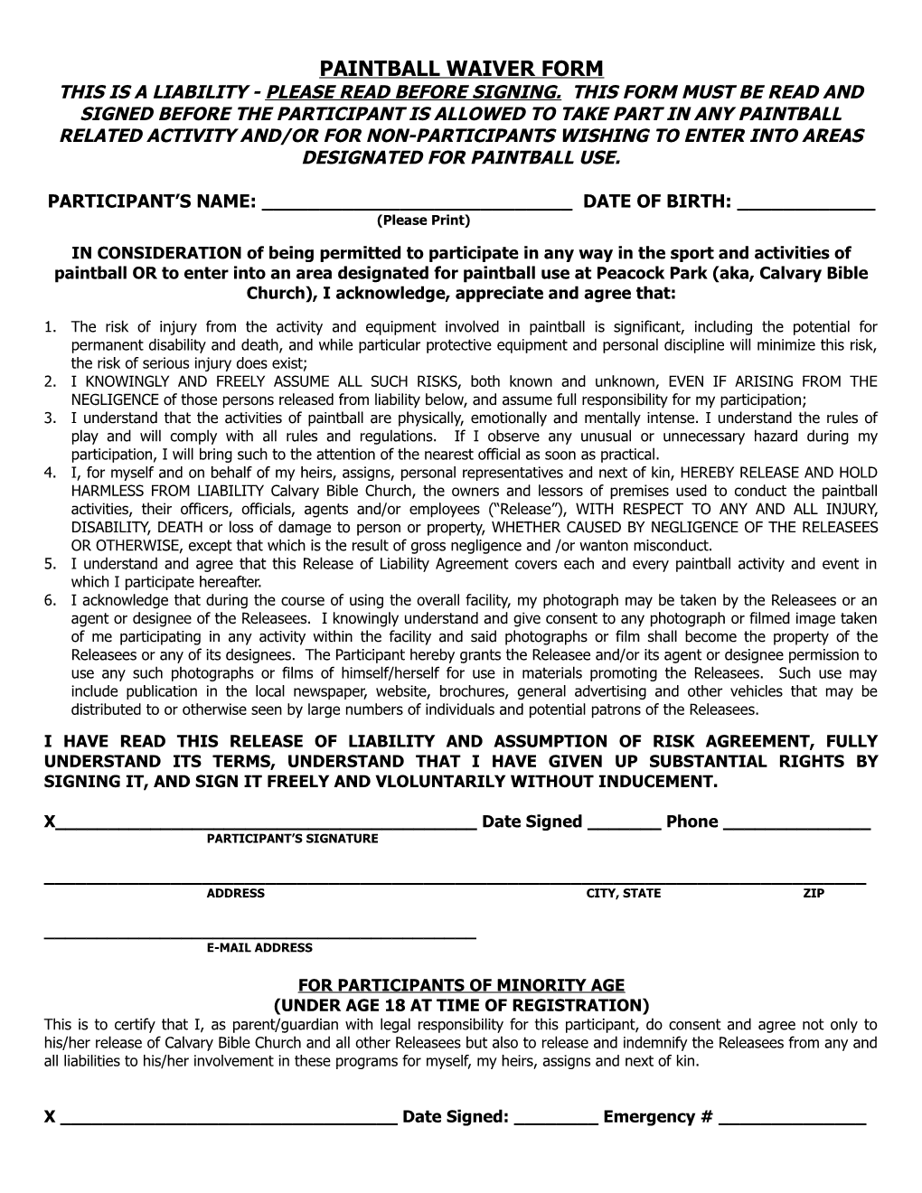 Paintball Waiver Form