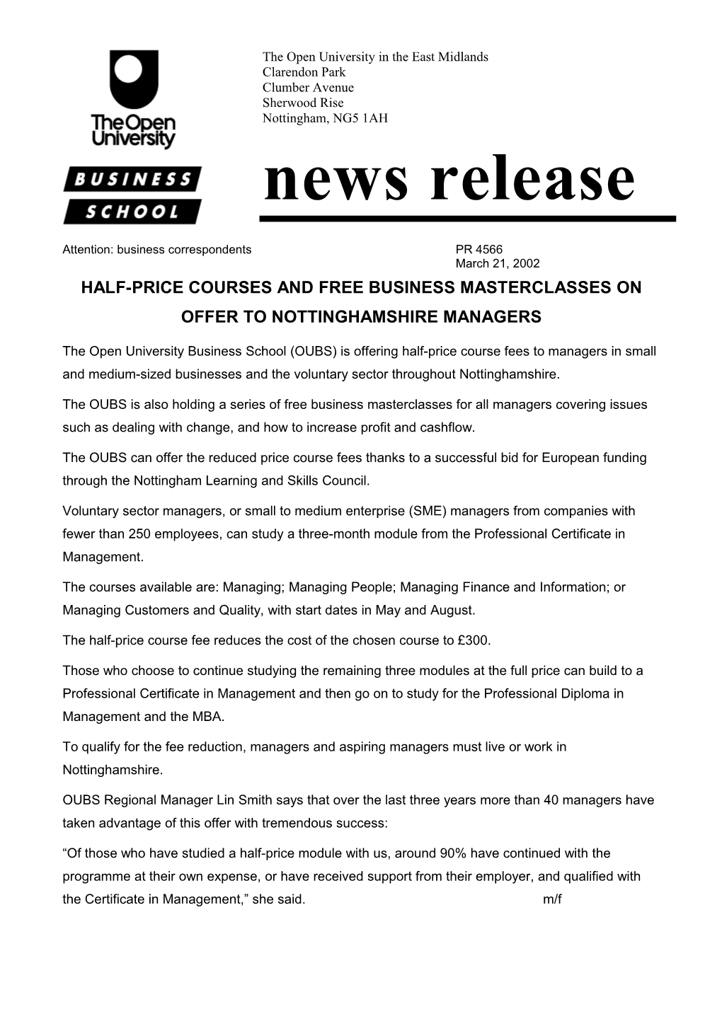 Half-Price Courses and Free Business Masterclasses on Offer to Nottinghamshire Managers
