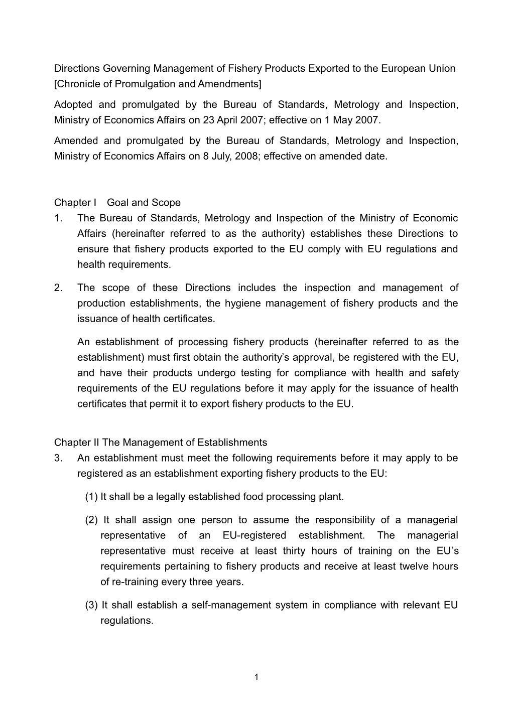 Directions Governing Management of FP Exported to EU