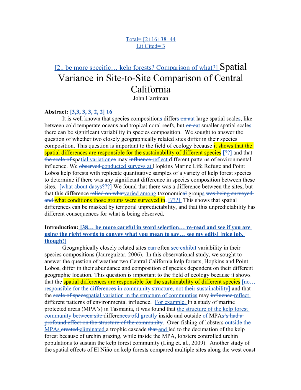 Spatial and Temporal Differences in Site-To-Site Comparison of Central California