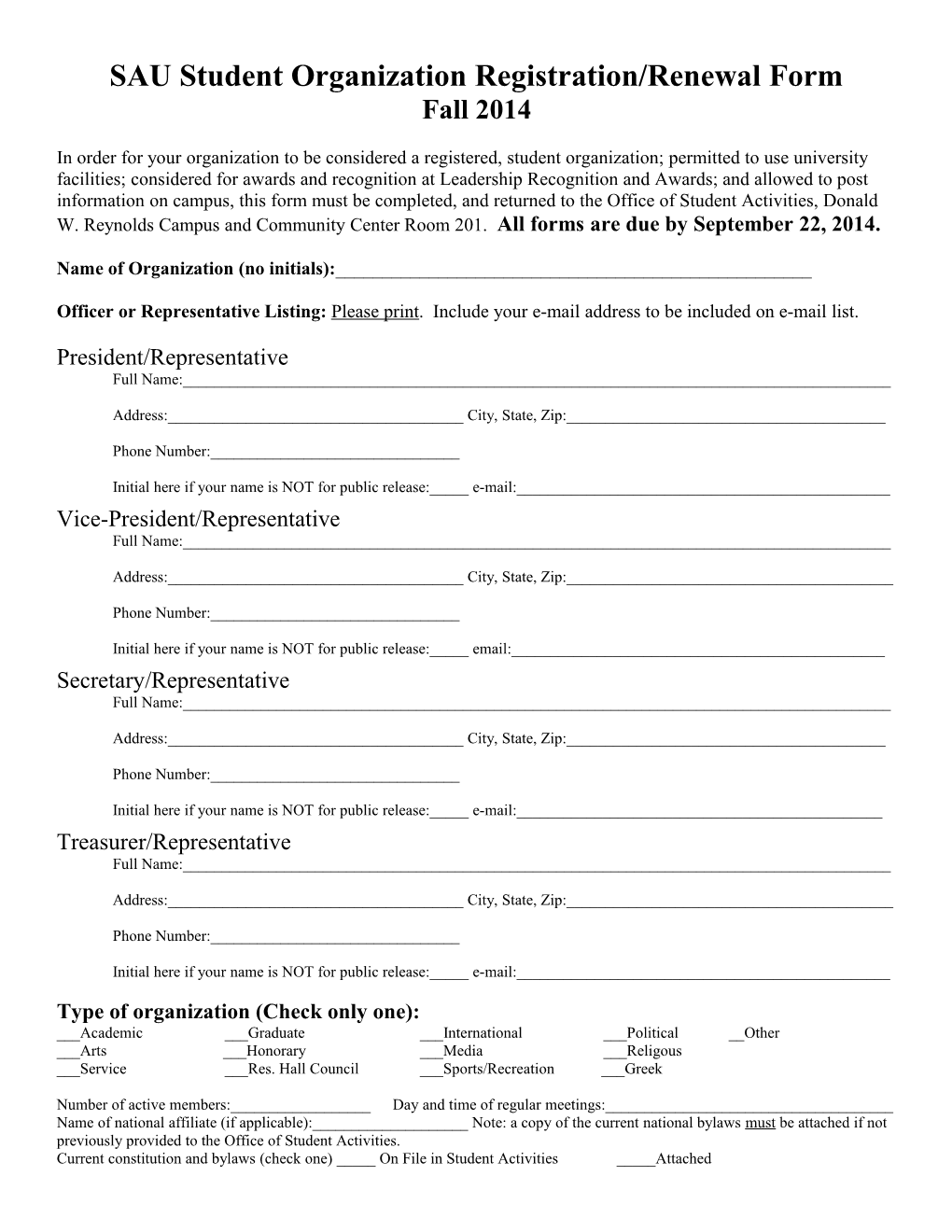 SAU Student Organization Registration/Renewal Form