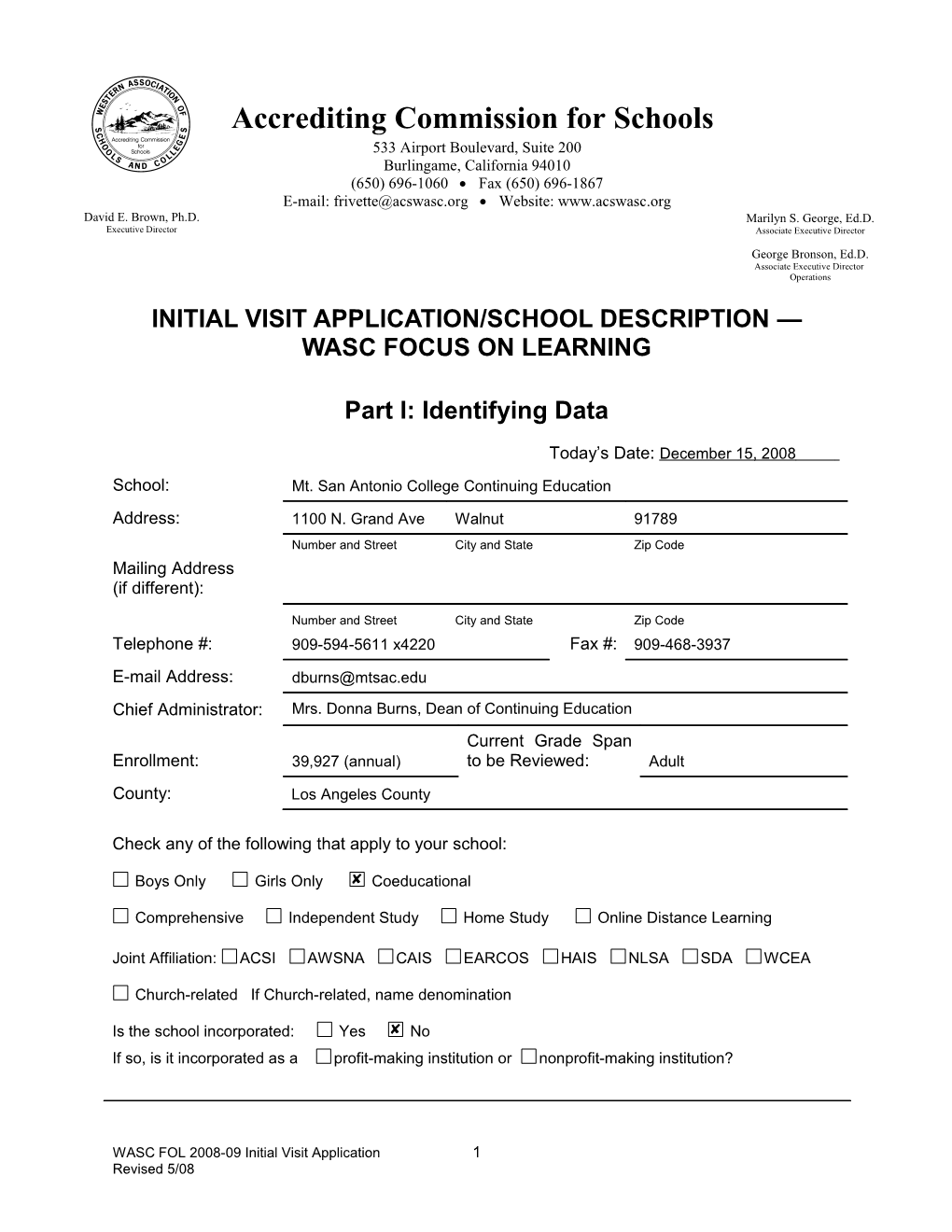 WASC Initial Visit Application/School Description