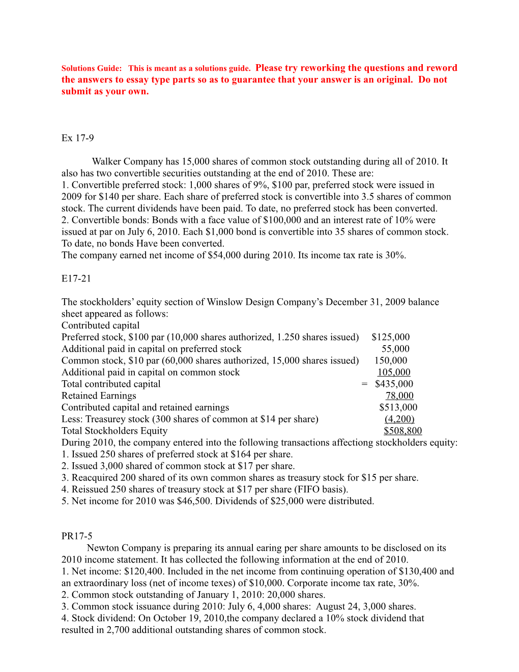 Solutions Guide: This Is Meant As a Solutions Guide. Please Try Reworking the Questions