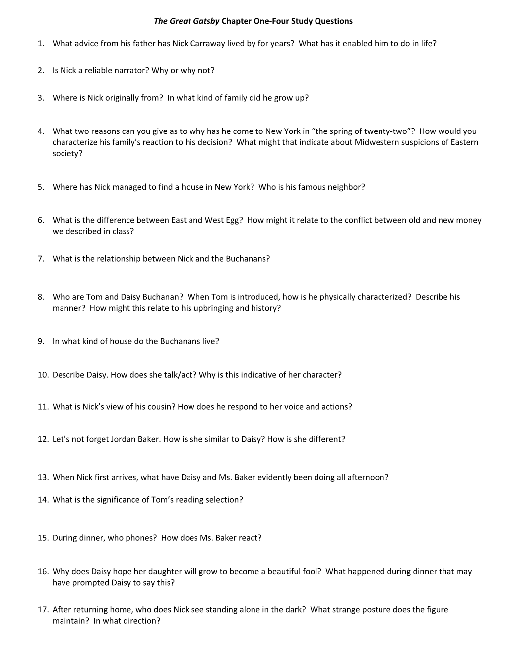 The Great Gatsby Chapter One-Three Study Questions