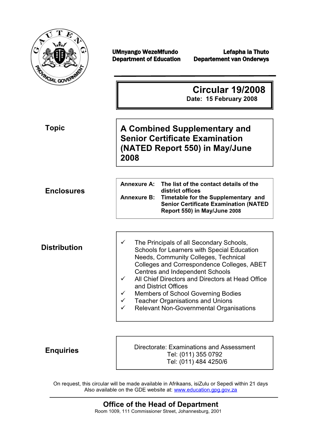 Circ 19/2008 a Combined Supplementary and Senior Certificate Examination (NATED Report