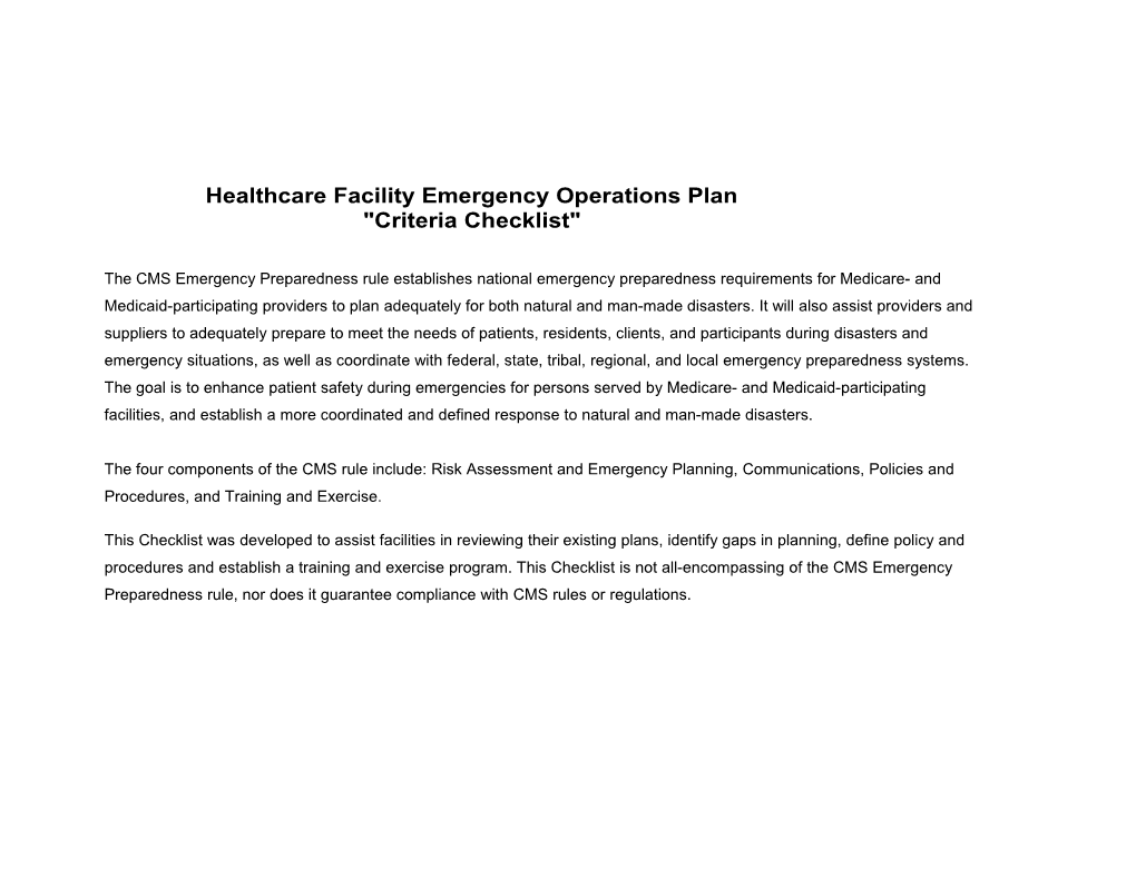Healthcare Facility Emergency Operations Plan Criteria Checklist