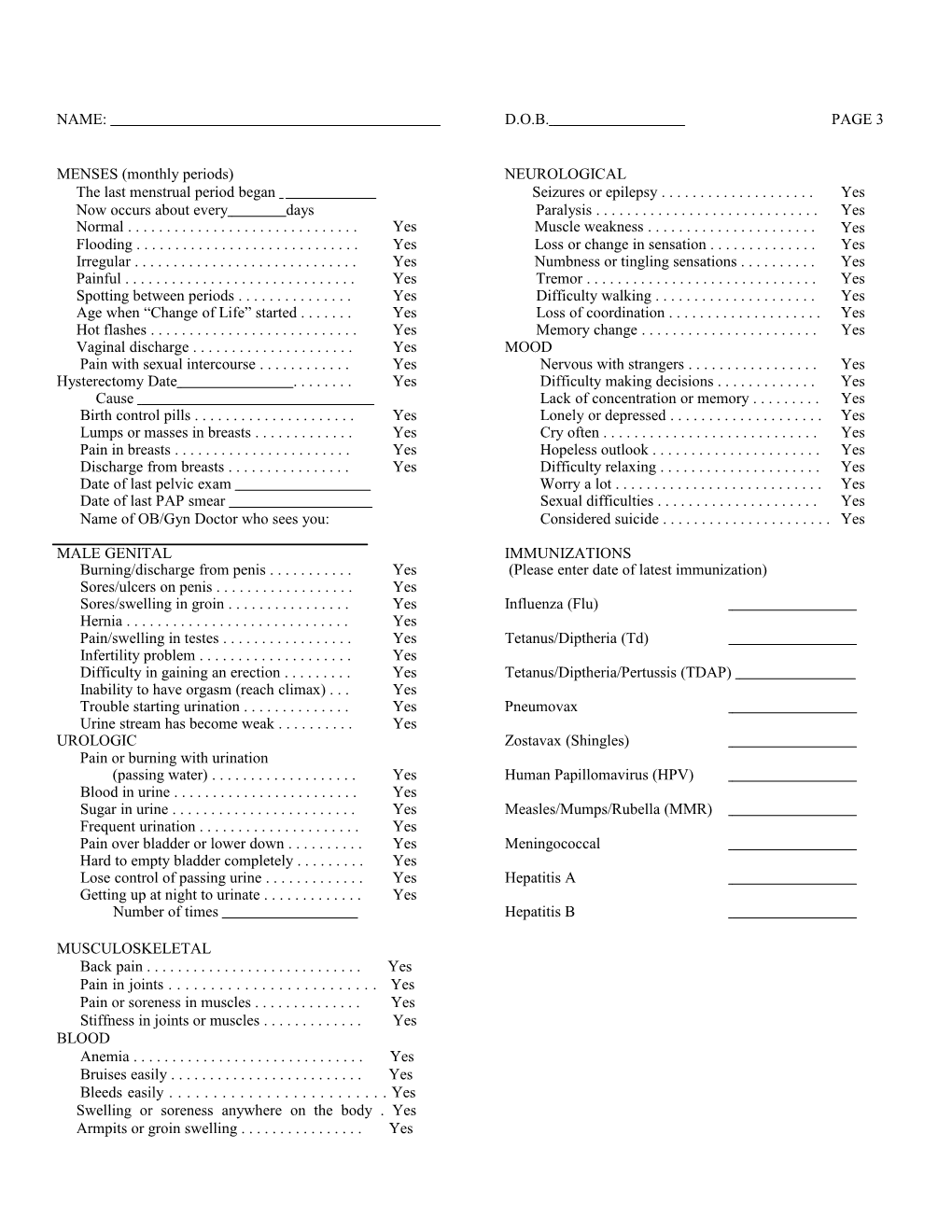 Patient S History and Health Questionnaire