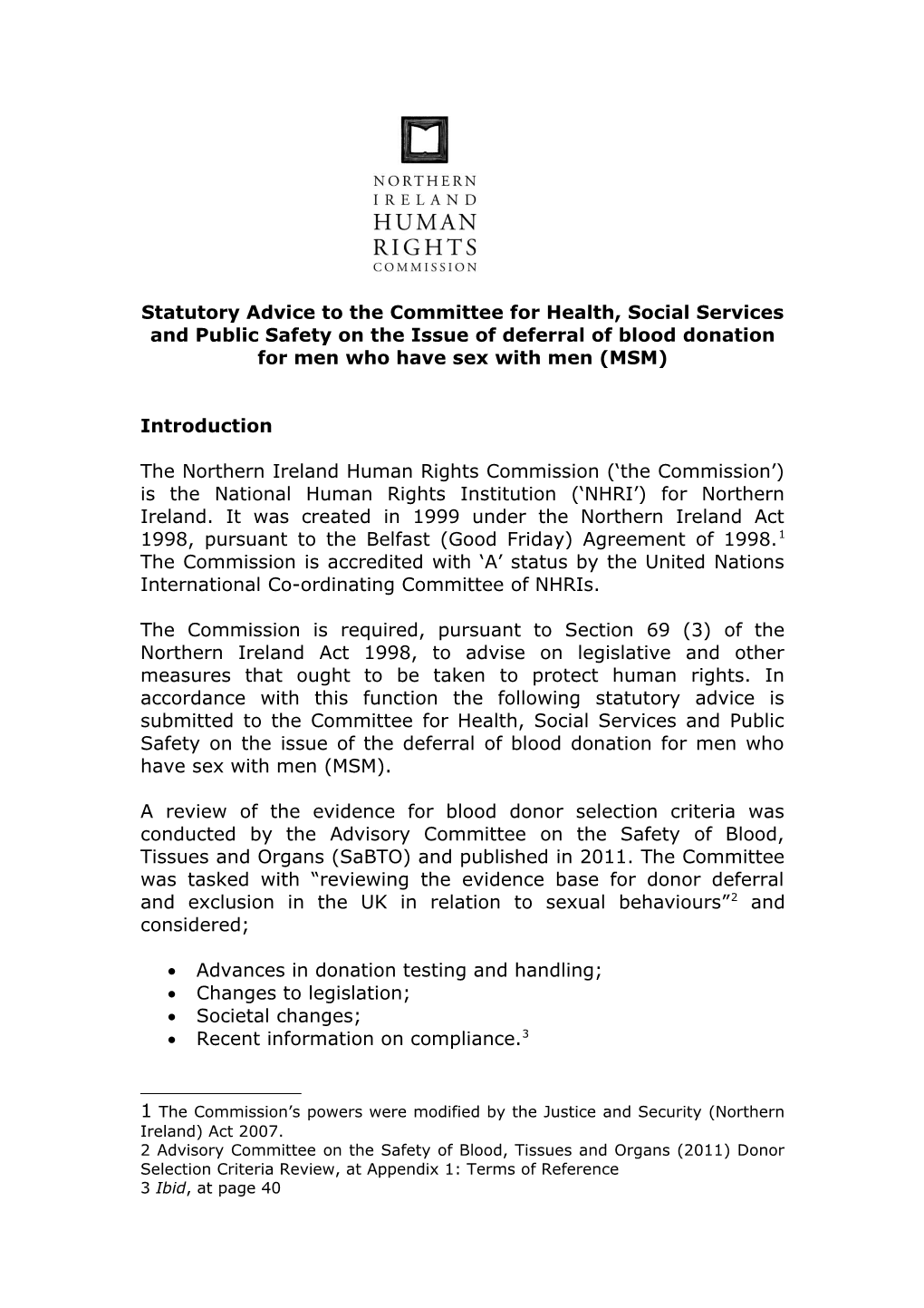 Statutory Advice to the Committee for Health, Social Services and Public Safety on The