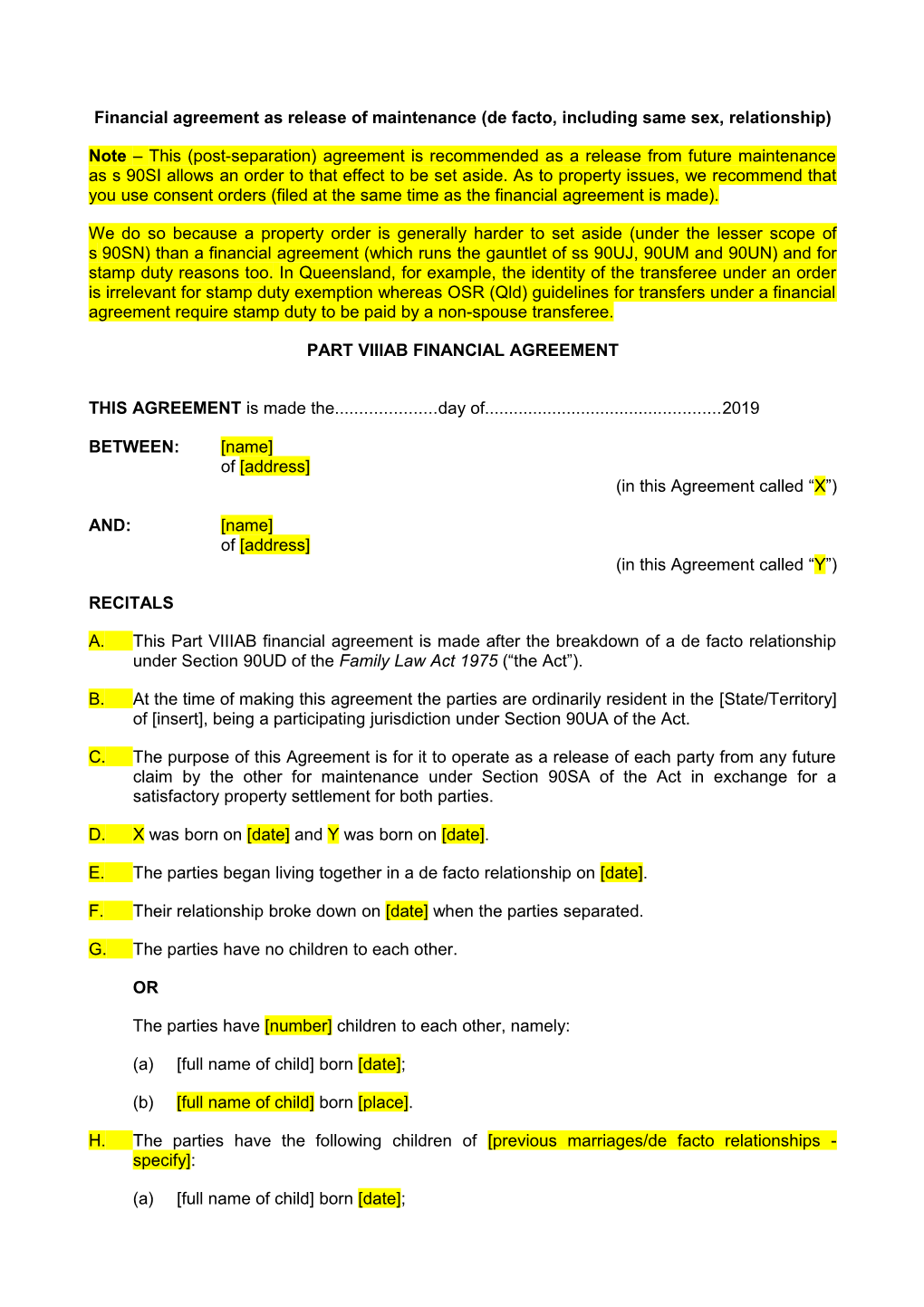 Sample of Financial Agreement As Release of Spousal Maintenance