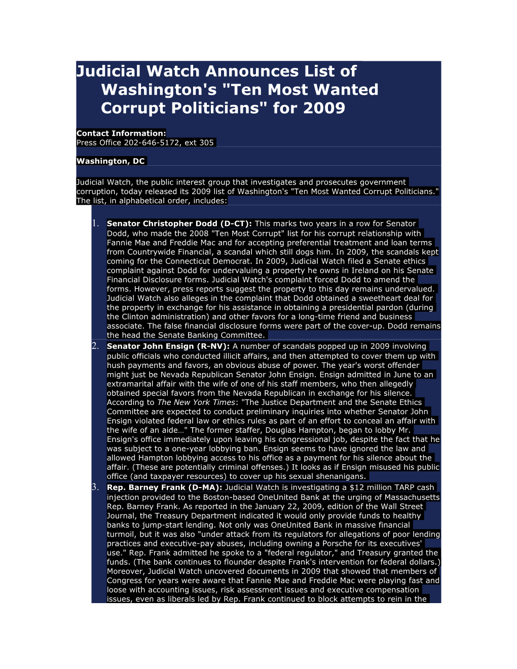 Judicial Watch Announces List of Washington's Ten Most Wanted Corrupt Politicians for 2009