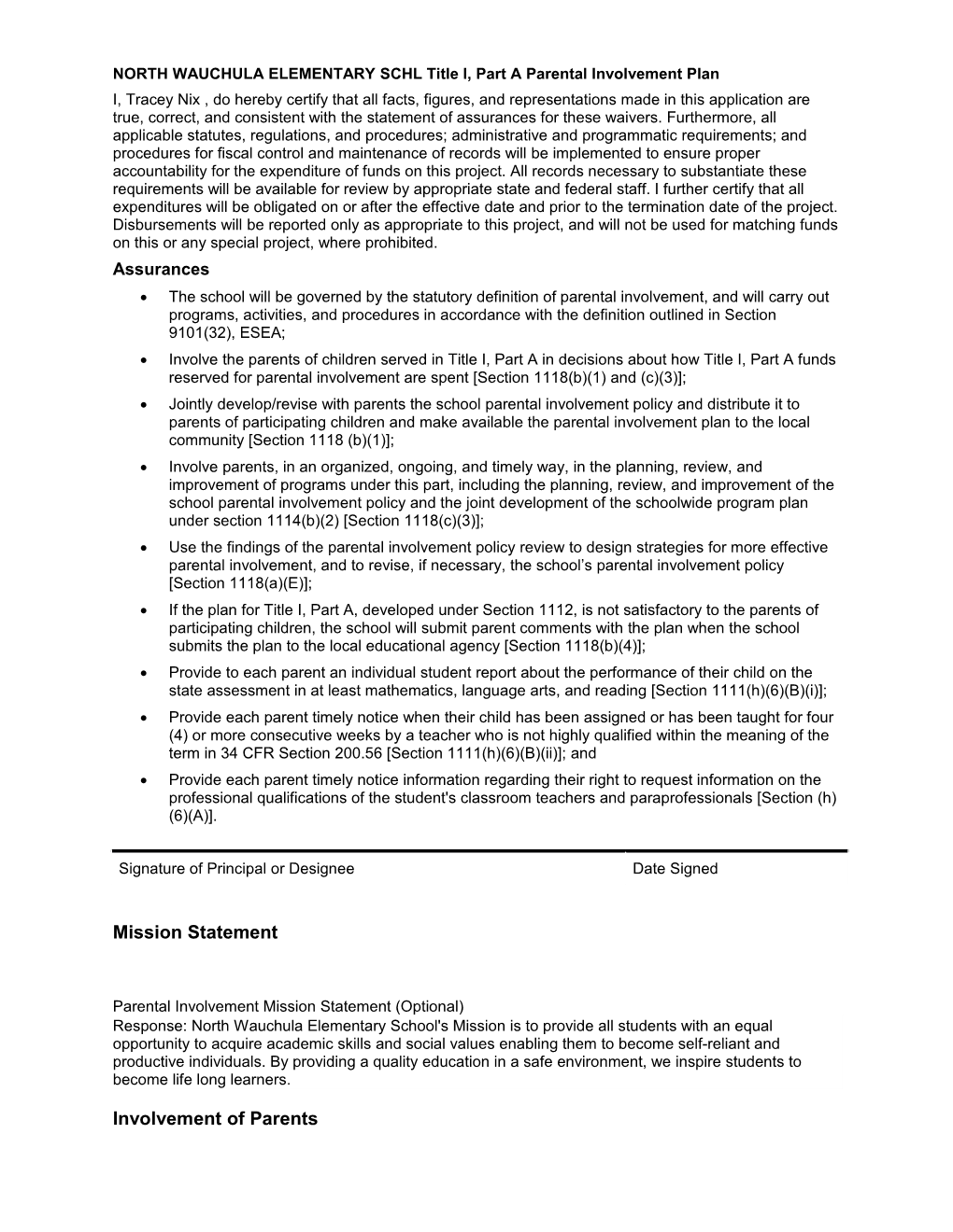 NORTH WAUCHULA ELEMENTARY SCHL Title I, Part a Parental Involvement Plan