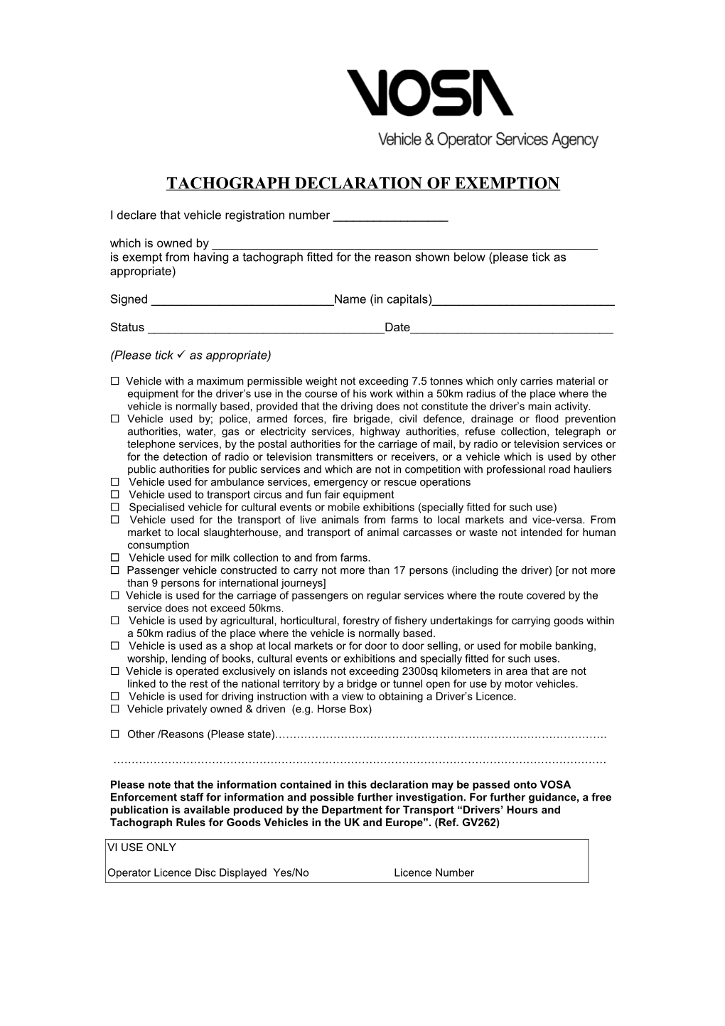 Tachograph Declaration of Exemption