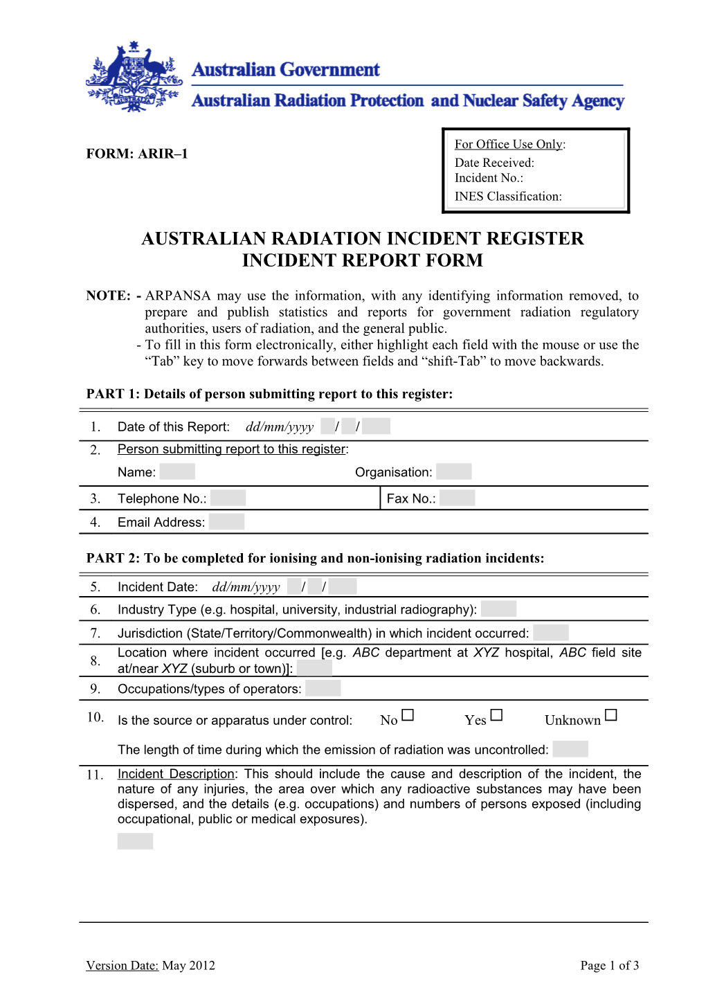 ARIR Incident Report Form ARIR-1