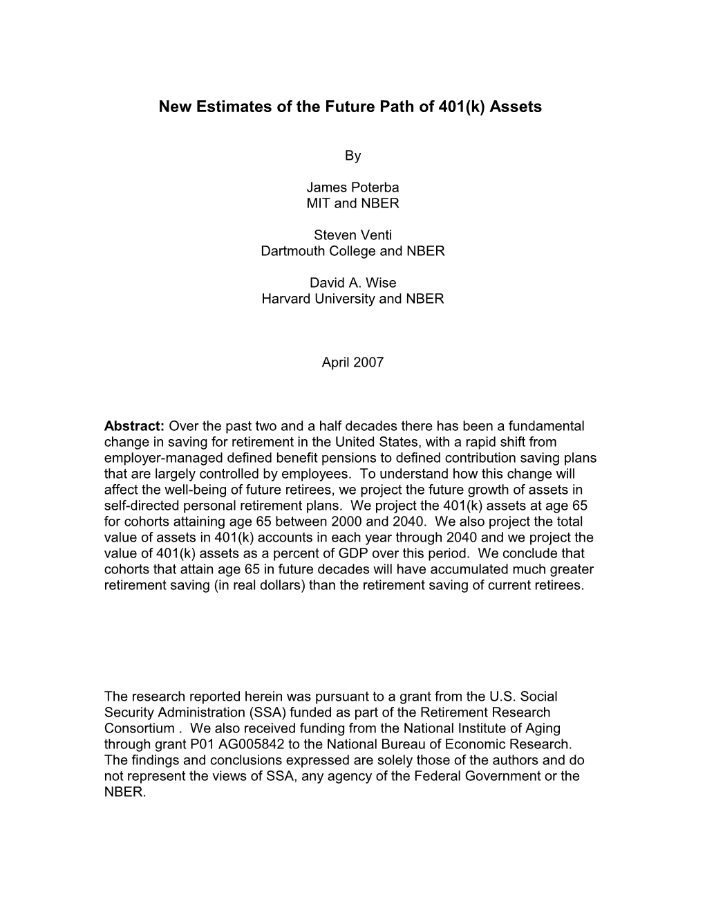 New Estimates of the Future Path of 401(K) Assets