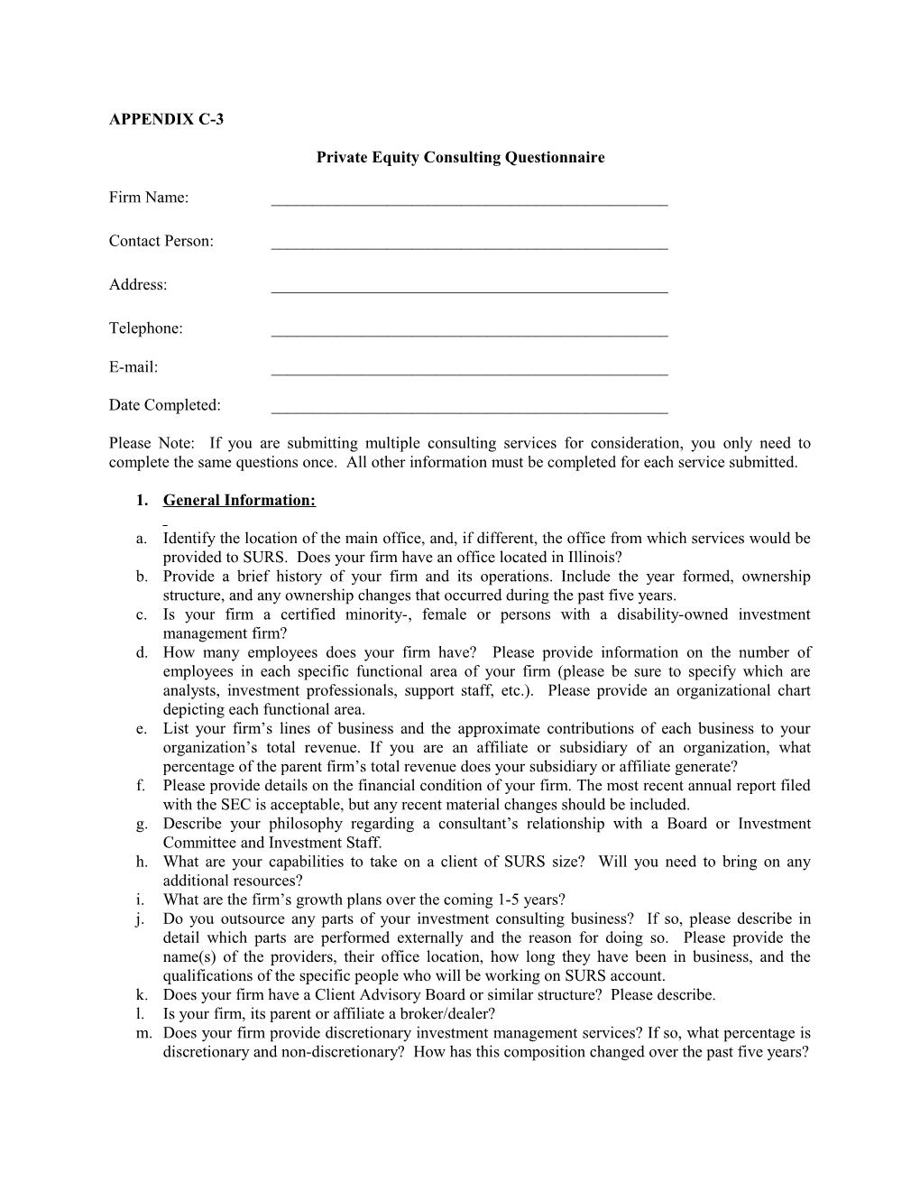 Private Equity Consulting Questionnaire