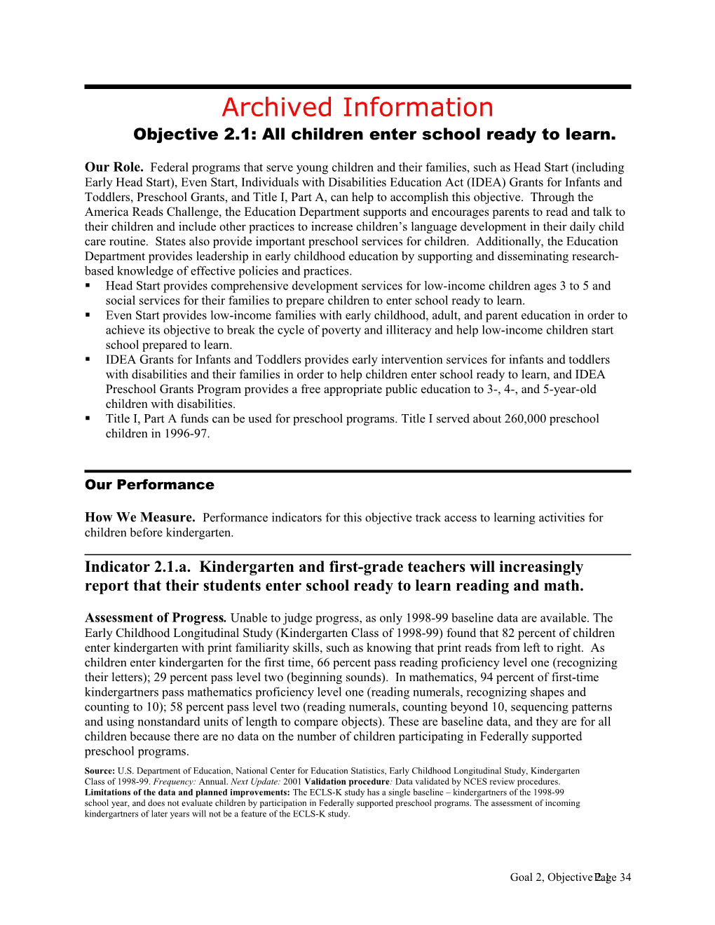 Archived: Objective 2.1: All Children Enter School Ready to Learn