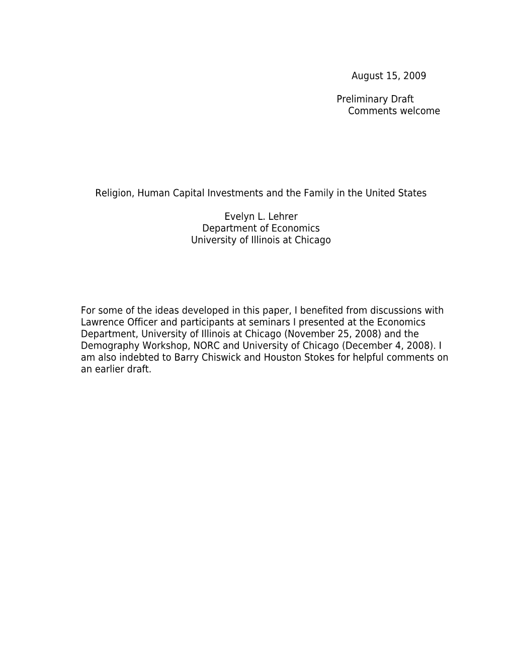 Religion, Human Capital Investments and the Family in the United States