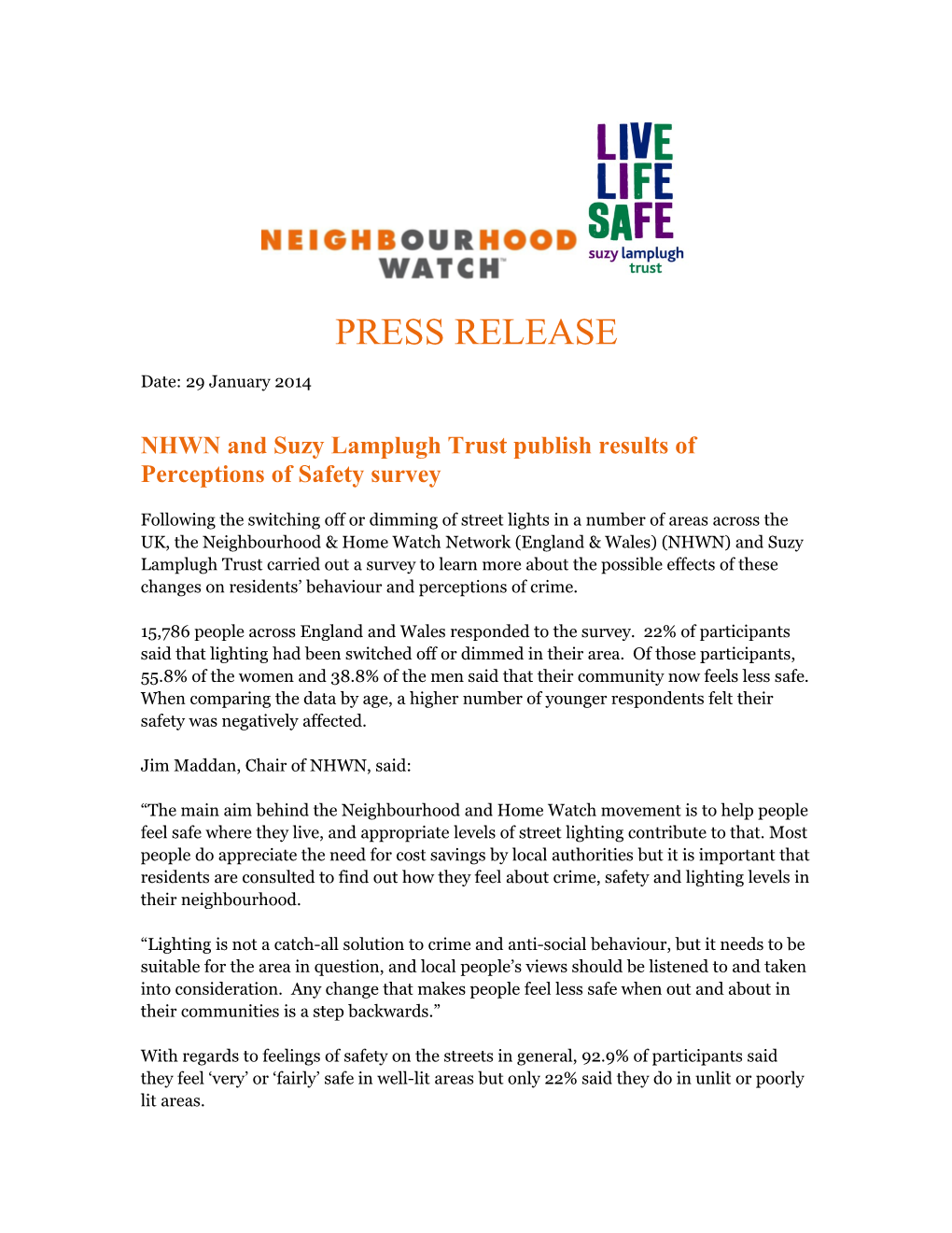 NHWN and Suzy Lamplugh Trust Publish Results of Perceptions of Safety Survey