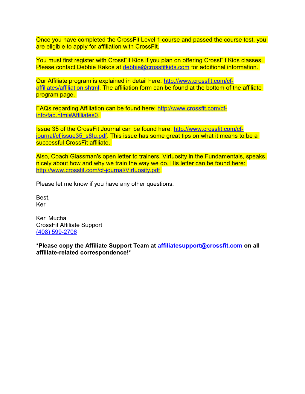 Email to Crossfit Head Quarters Affiliates Questions Email