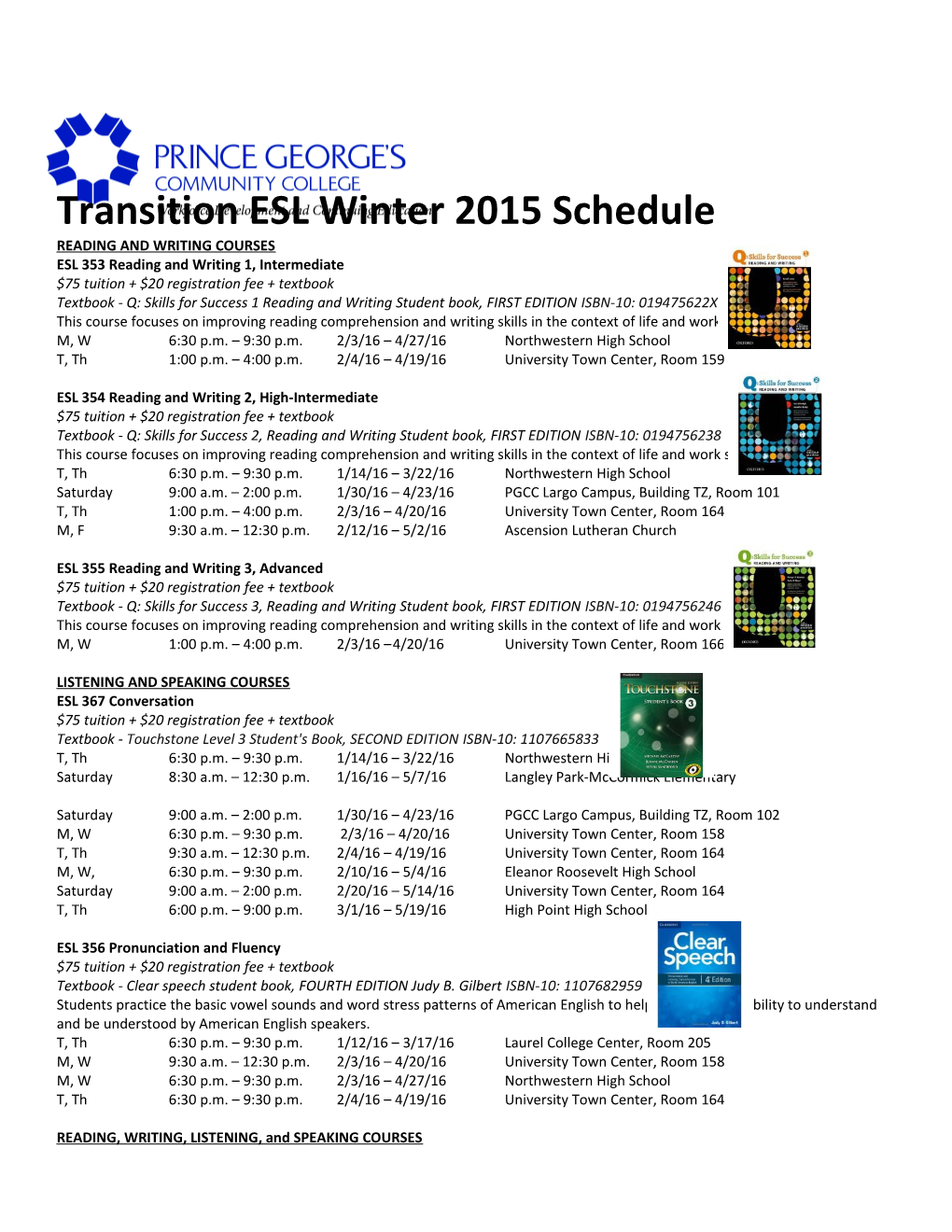 Transition ESL Winter 2015 Schedule