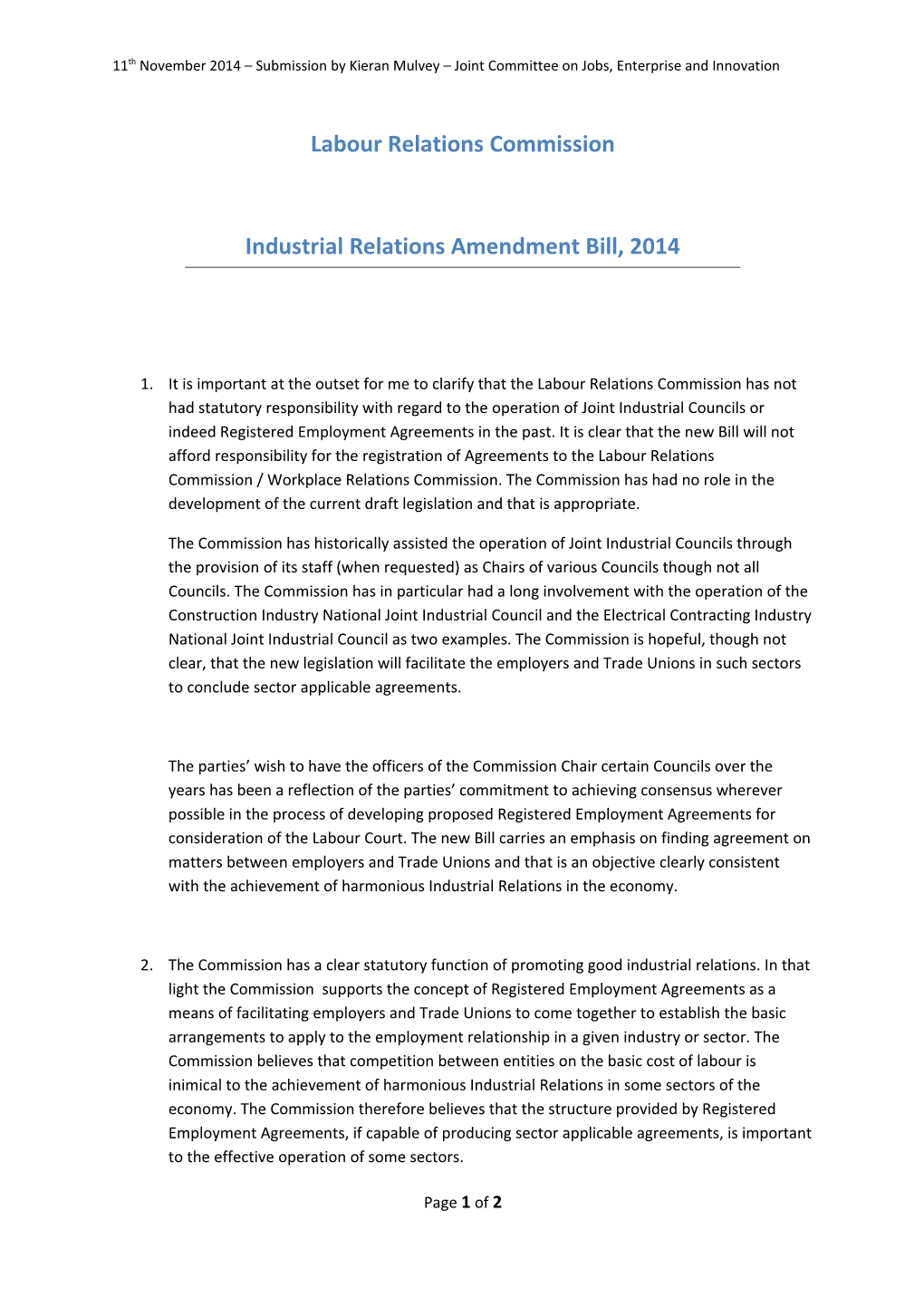 Industrial Relations Amendment Bill, 2014