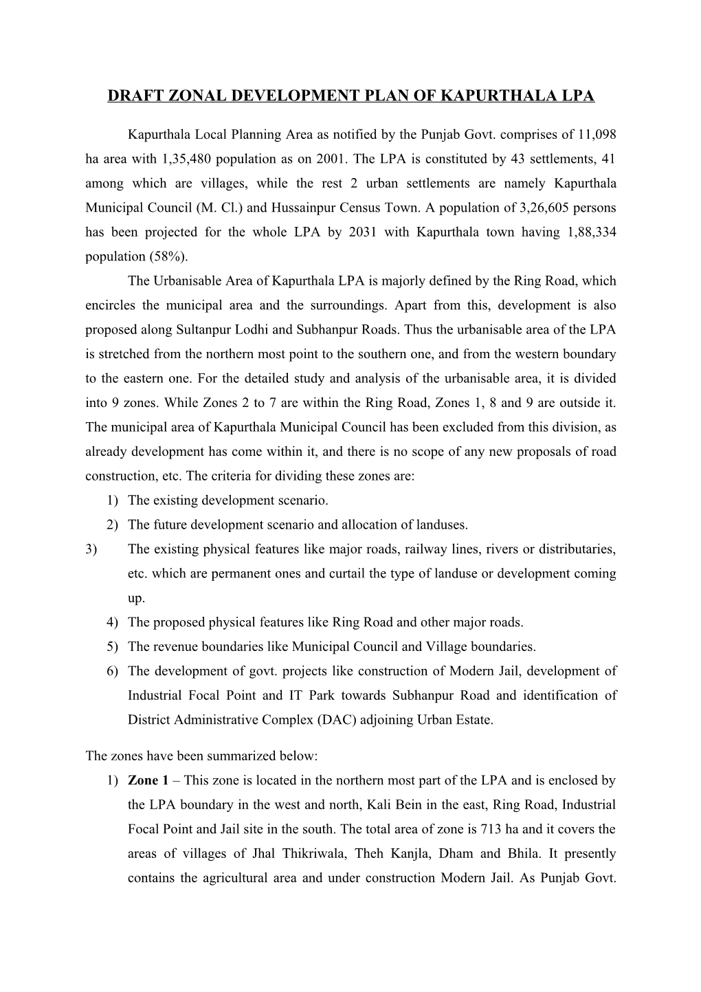 Draft Zonal Development Plan of Kapurthala Lpa