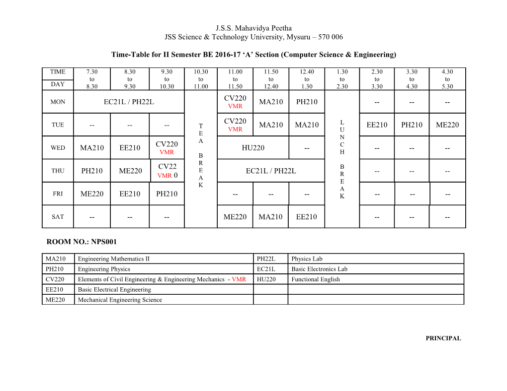 Time-Table for I Semester B