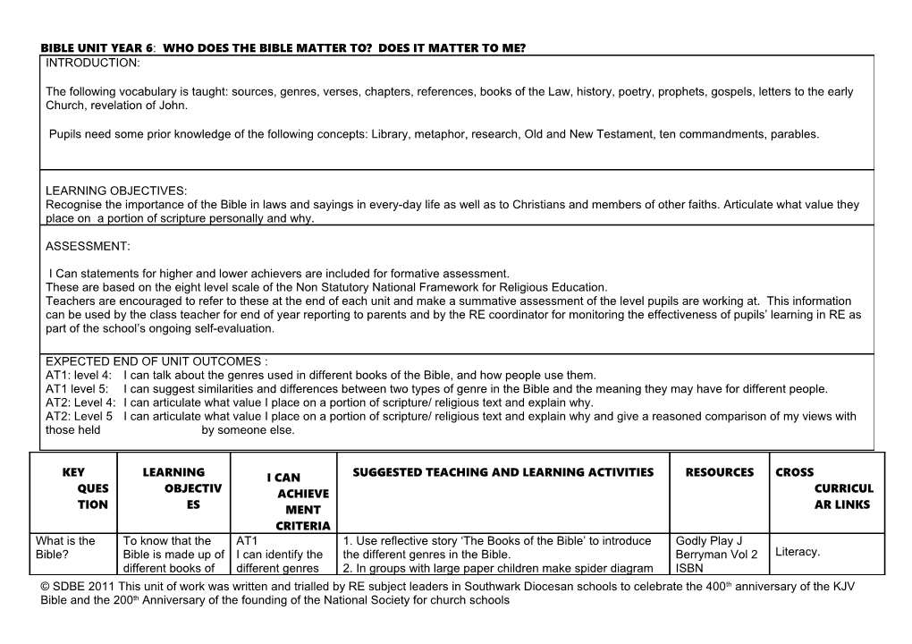 Bible Unit Year 6: Who Does the Bible Matter To? Does It Matter to Me?