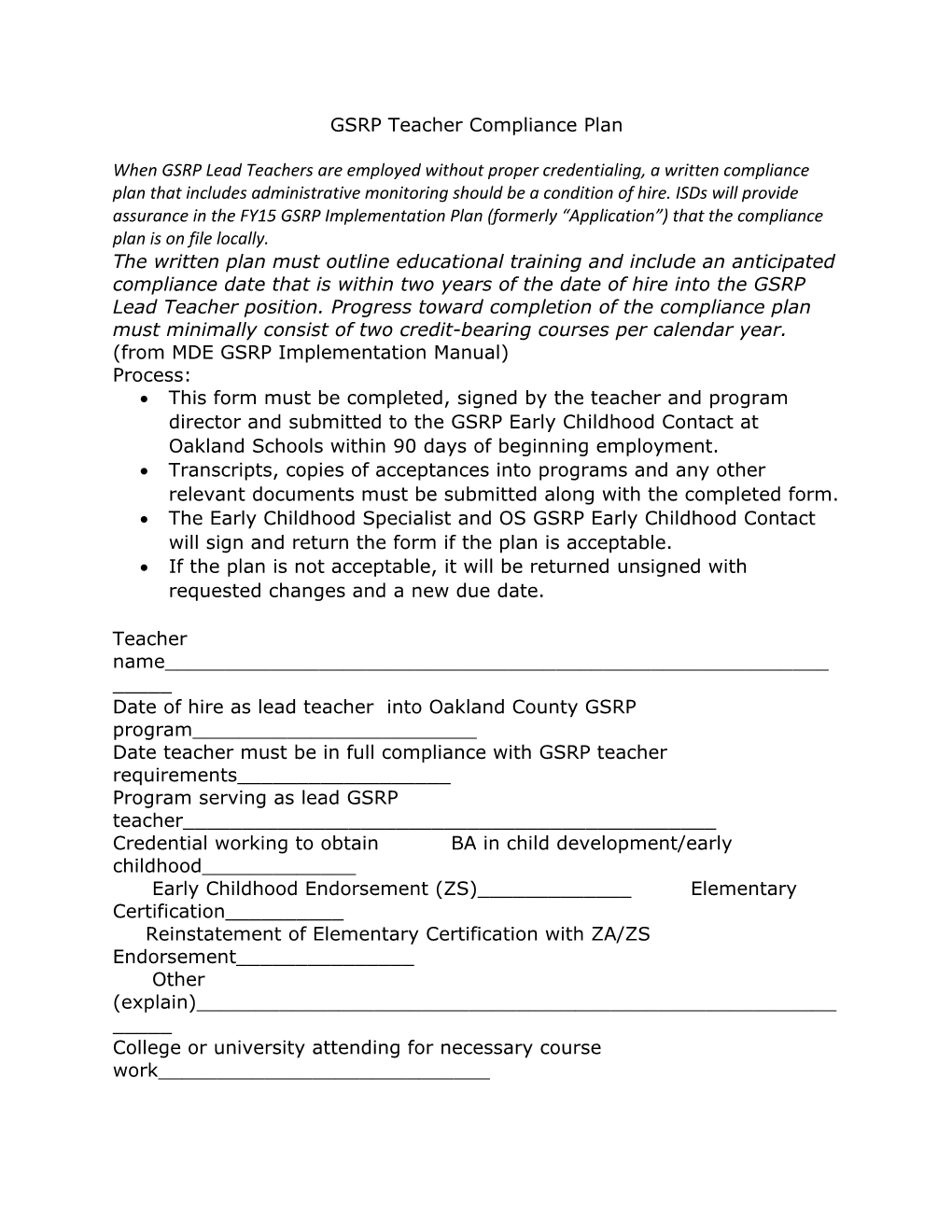 GSRP Teacher Compliance Plan