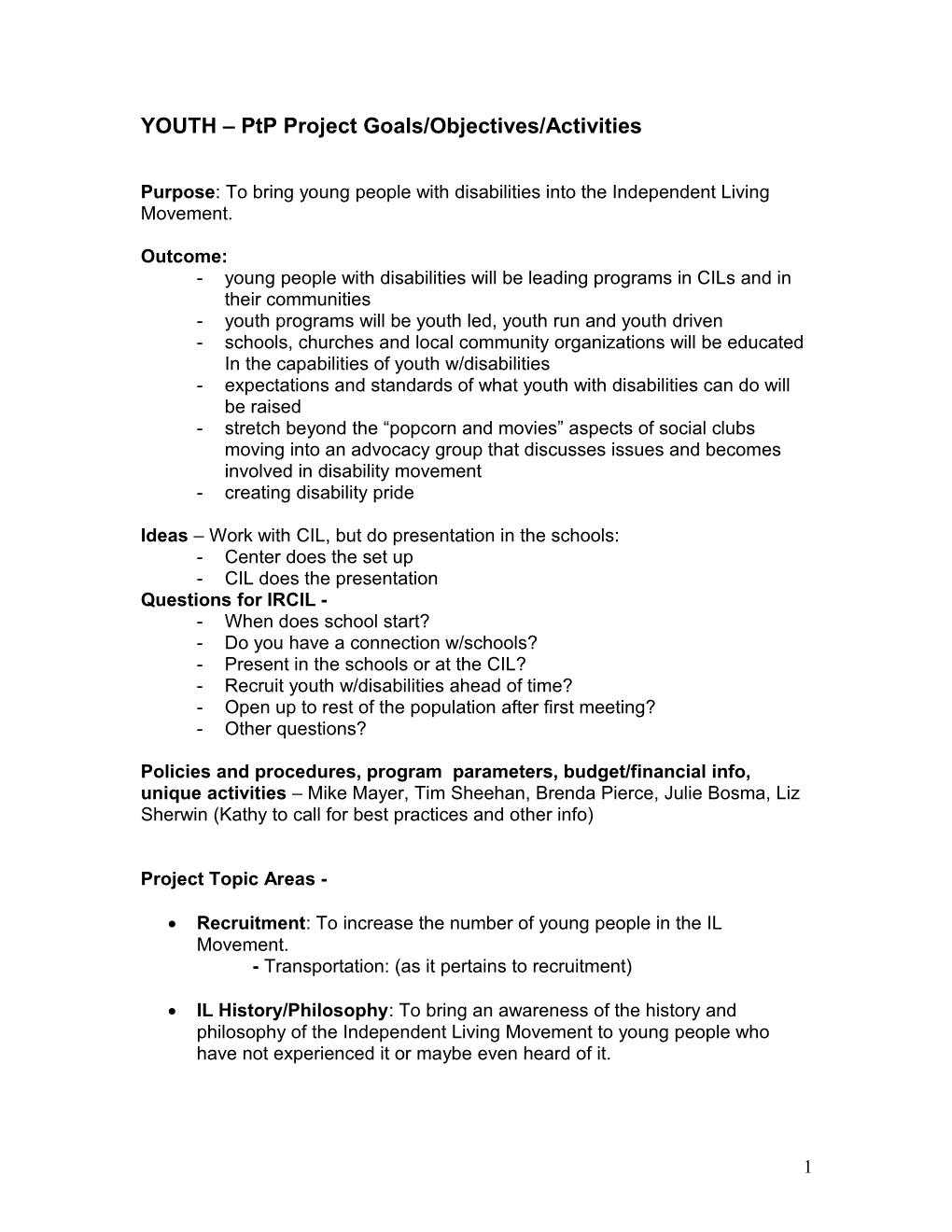 YOUTH Ptp Project Goals/Objectives/Activities