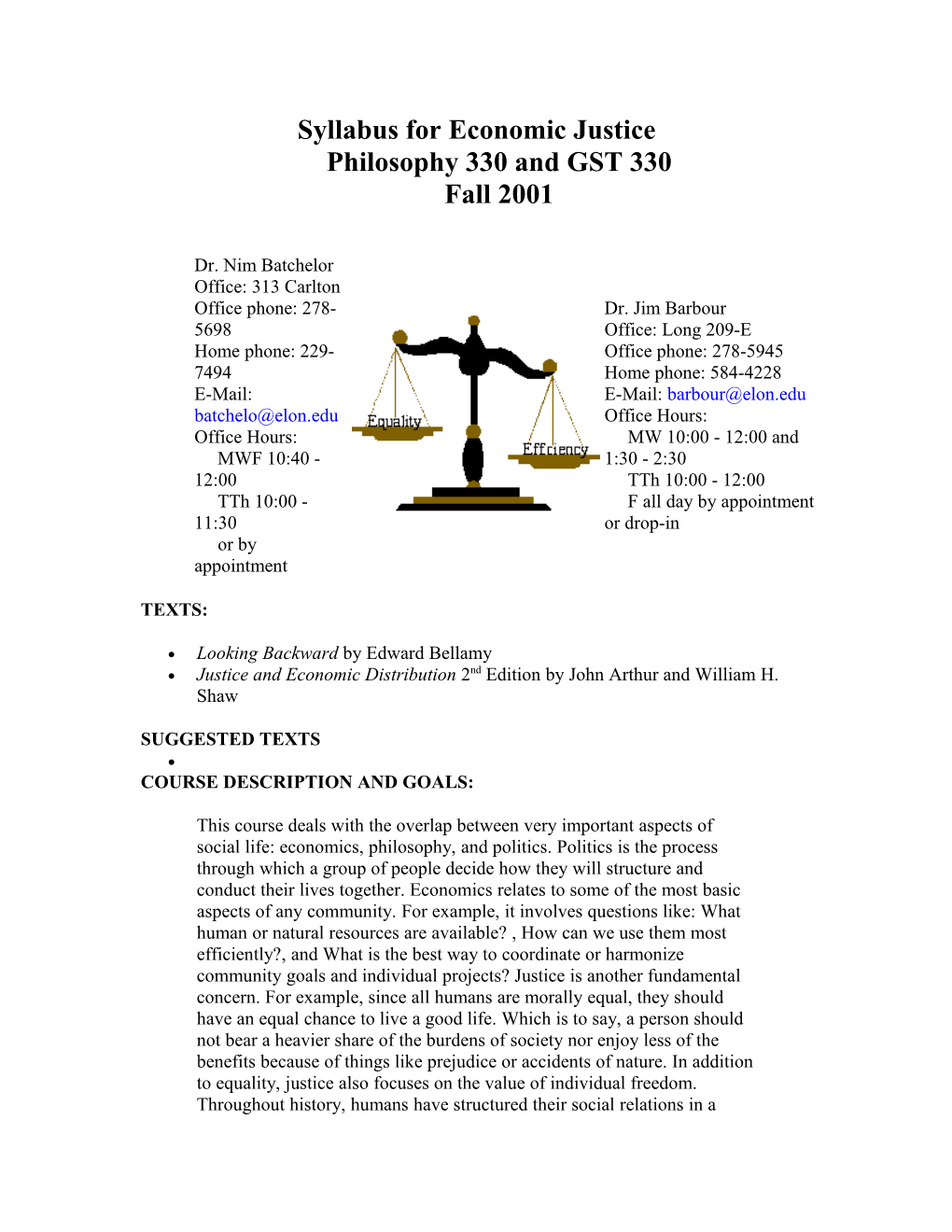Syllabus for Economic Justice Fall 2001