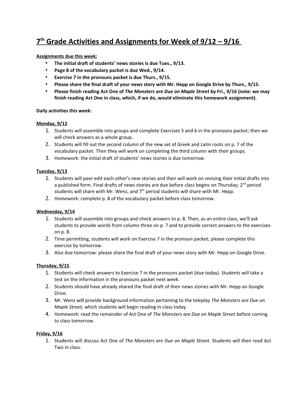 7Th Grade Activities and Assignments for Week of 9/12 9/16