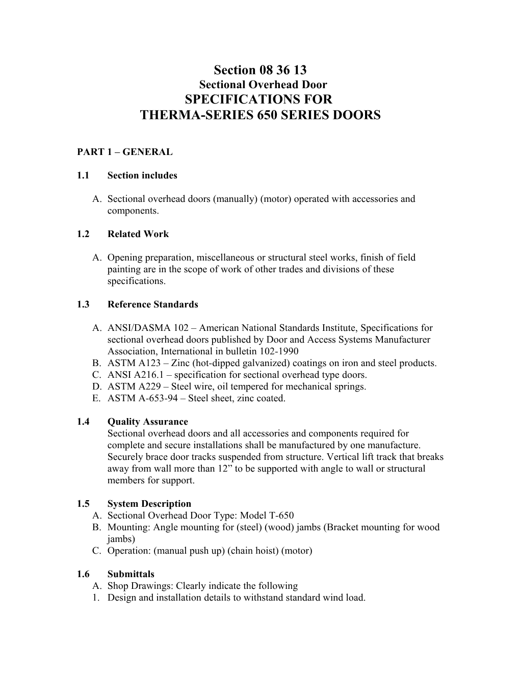 Specifications for 500 Series Doors